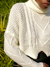 Load image into Gallery viewer, Ivory cable knit crop sweater with turtle neck detailing